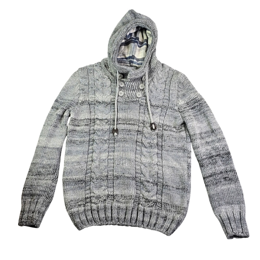 Leif Nelson Hooded Sweater Men XL Gray Cable Knit Button Neck Wool Blend Nordic